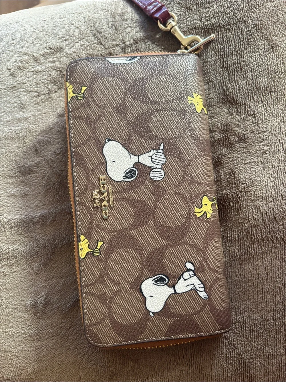 Coach Brown Signature Canvas Wallet with Snoopy & Yellow Woodstock Accents